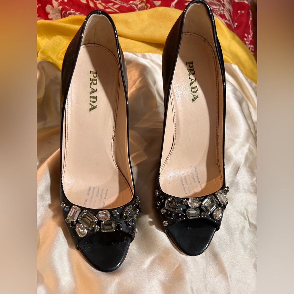 Prada fancy pumps with pretty jeweled effect  8.5.  Black patent leather